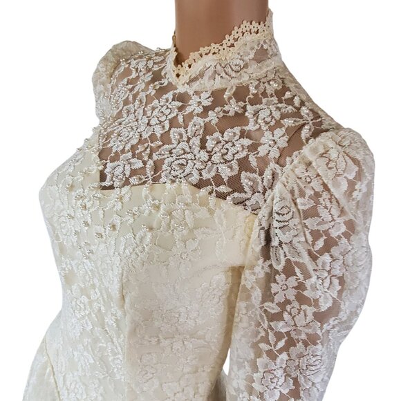 Vintage Victorian Wedding Dress XS Maxi Cream Lace Beads Tulle Lined Zip USA - Picture 7 of 15